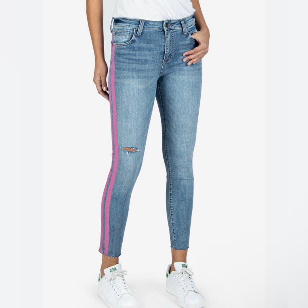 KUT FROM THE KLOTH Pink Stripe Jeans Connie High Rise Raw Hem Ankle size 6